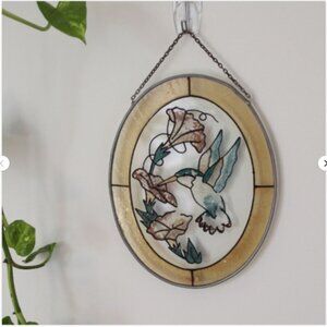 Vintage Hummingbird Stained Glass Oval Suncatcher Distressed